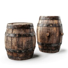 Fototapeta premium Two rustic wooden barrels with metal bands, often used for storage or aging beverages.