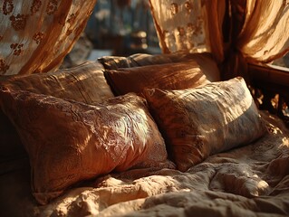 Serene Bedroom Bliss: A cozy bedroom scene bathed in the soft glow of sunlight, with an inviting bed adorned with plush pillows and draped curtains, offering a sense of peace and tranquility.