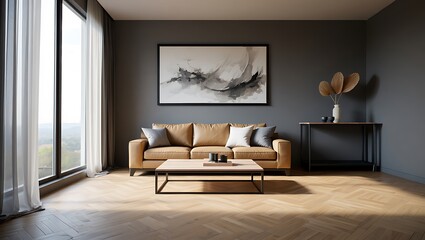 Modern living room with comfortable sofa and abstract art