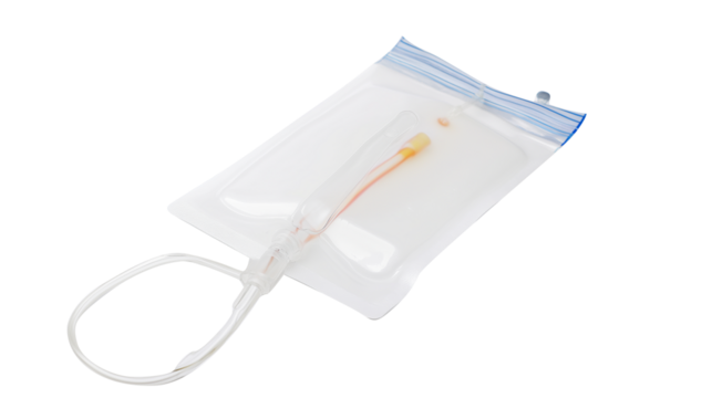 IV drip bag with tube set, essential for surgery, (clean modern detail, transparent  isolated background	
