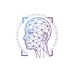 A futuristic digital human head, represented by a glowing blue and purple polygonal mesh, symbolizes artificial intelligence and facial recognition technology. © ratna