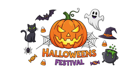 Spooky Halloween festival elements with pumpkin, ghost, cat and cauldron