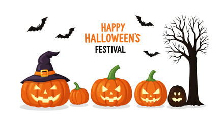 Joyful Halloween pumpkins and bats celebrate the festive season under a spooky tree