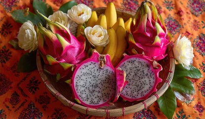 Fresh dragon fruit and bananas, adorned with flowers, in a woven basket on a patterned tablecloth