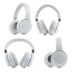 A collection of white headphones displayed from multiple angles for product showcase.
