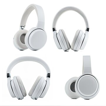 A collection of white headphones displayed from multiple angles for product showcase.