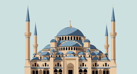 Fototapeta premium Majestic Mosque Illustration Featuring Architectural Details, Dome Structures, and Minarets for Cultural Heritage and Travel Destination Purposes