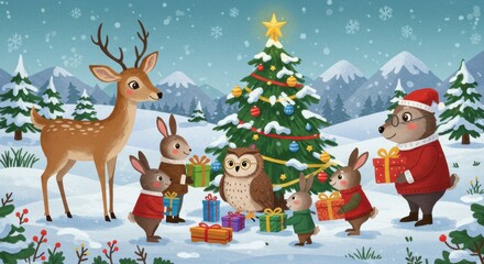 Fototapeta premium A heartwarming winter scene with woodland animals gathered around a festive Christmas tree, exchanging gifts in a snowy landscape.