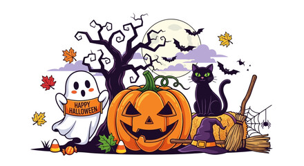 Spooky yet friendly Halloween scene with a grinning pumpkin, a cute ghost, and a black cat.