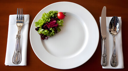 with one cherry tomato and a few greens on large plate