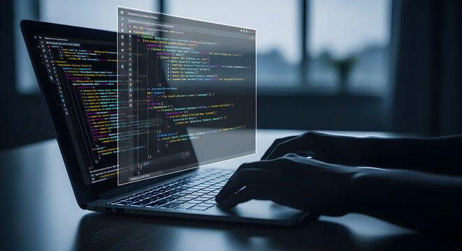 A person's hands typing on a laptop, displaying lines of code, illustrating programming.