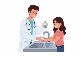 A doctor is helping a young girl wash her hands with soap at a sink, promoting hygiene and health.