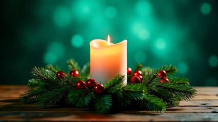Candle surrounded by christmas foliage on wooden table