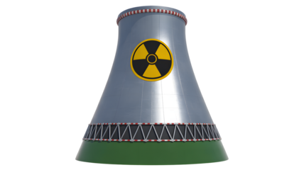 Nuclear power plant cooling tower with radiation symbol, energy concept.