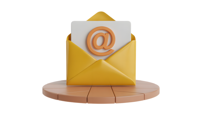 Email marketing concept: Open envelope with at symbol on a white card, 3D render.