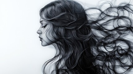 Beautiful girl with long wavy hair, completely woven from aluminum wire
