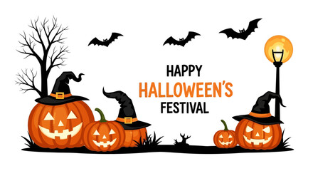 Spooky pumpkins with witch hats and bats celebrate a happy Halloween festival