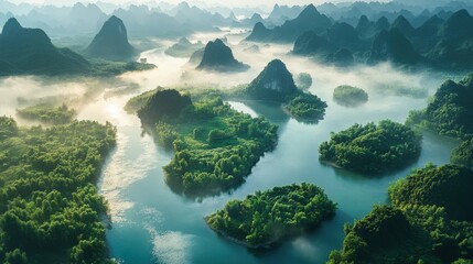 Serene summer morning in China's lush green mountains with winding rivers under the first rays of sunlight