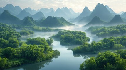 As dawn breaks, mist blankets the tranquil landscape of green mountains in China. Winding rivers flow gracefully at their feet, illuminated by soft sunlight.