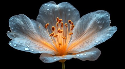 A close-up of a translucent lily displaying a beige hue on a black background, emphasizing its delicate features and intricate details