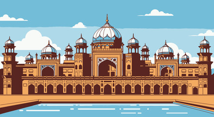 Majestic Mughal Architecture Depiction Featuring Intricate Details and Vibrant Colors for Travel Promotion and Historical Education Resources.