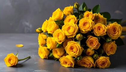 A bouquet of vibrant yellow roses on a gray surface