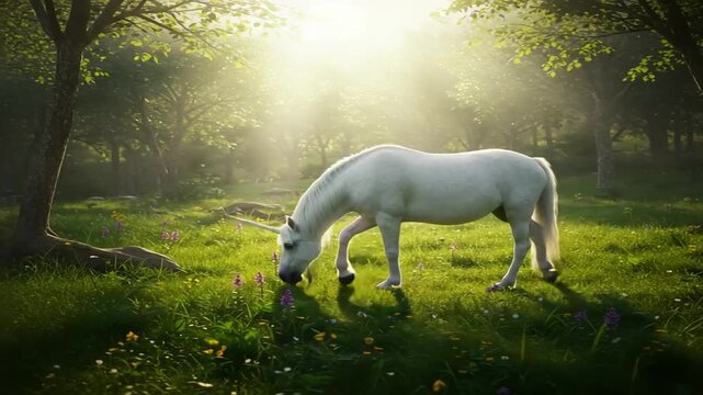 A serene white unicorn grazing in a sunlit forest, surrounded by vibrant wildflowers and soft light