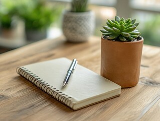A minimalist modern desk setup, featuring a stylish notebook and pen on a light oak tabletop, along with a small pot of succulents, all in neutral tones.