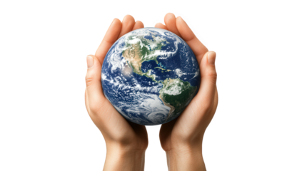 Hands holding the earth globe isolated on transparent background