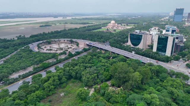 Aerial view of Noida Film city and Ambedkar park in Noida, Uttar Pradesh, India