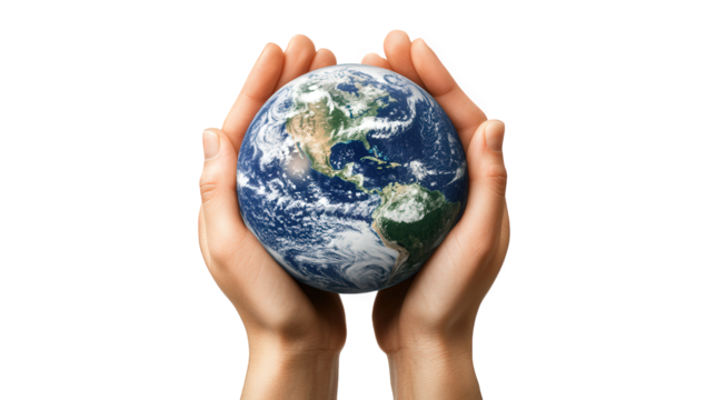 Hands holding the earth globe isolated on transparent background