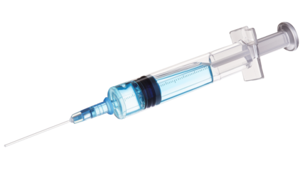 Medical syringe filled with transparent fluid, used during heart operation, (clean modern detail, transparent isolated background