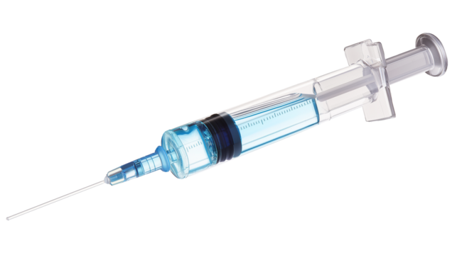 Medical syringe filled with transparent fluid, used during heart operation, (clean modern detail, transparent isolated background