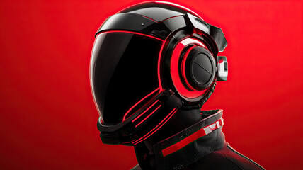 Futuristic helmet with glowing red accents on black background, evoking high tech and sleek design