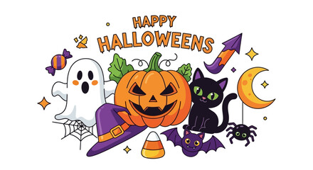 Whimsical Halloween characters gather for a festive celebration with candy and spooky decorations.