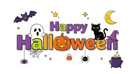 Whimsical Halloween greeting with festive characters and symbols