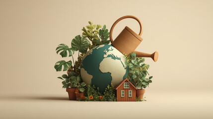 Eco friendly sustainability earth watering can house green plant nature environment growth conservation