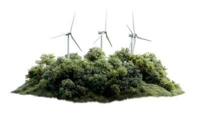 Wind turbines on green hill isolated on transparent background are producing energy