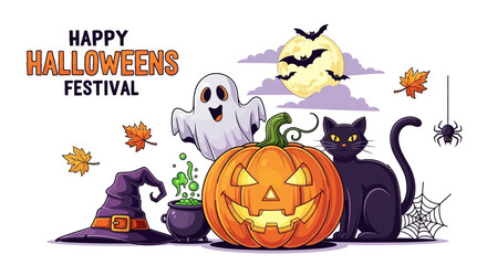 Spooky Halloween festival scene with a carved pumpkin, black cat, ghost, and witch hat