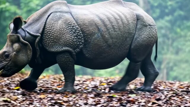 Indian Rhinoceros Walking Through Forest with Wildlife Animal Portrait.