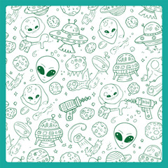 alien spaceship pattern cute alien characters space objects seamless design cartoon style.