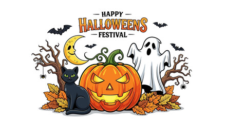 Spooky Halloween scene with a carved pumpkin, friendly ghost, black cat, and crescent moon under a night sky.