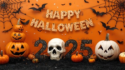 Happy halloween celebration with pumpkins skull and spooky decorations for 2025