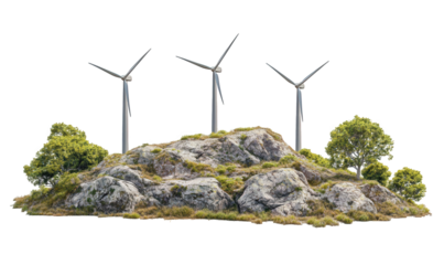Wind turbines on a rocky hill with bushes isolated on transparent background