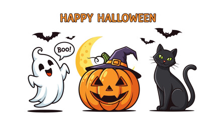 Spooky and fun Halloween characters: friendly ghost, jack-o'-lantern, and black cat under a crescent moon.