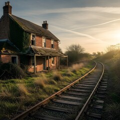 Obraz premium Old Farmhouse and Railway Tracks