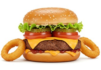 Gourmet Hamburger with Fried Onion Rings on White Background 