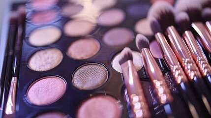 Close up view of an eyeshadow palette accompanied by elegant rose gold makeup brushes