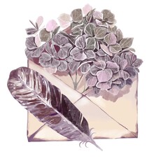 Old Kraft Paper Envelope With Black Hydrangea And Crow Feather, Watercolor Illustration, Gothic Boho Rustic Elegant Style, Dark Halloween Atmosphere, Isolated On White, Perfect For Cards, Invitations