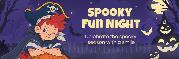 Halloween Pirate Boy Sitting on Pumpkin Illustration